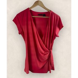 TAHARI Office Faux Wrap Side Tie V‎ Neck Stretch Blouse Coral Orange Size Large